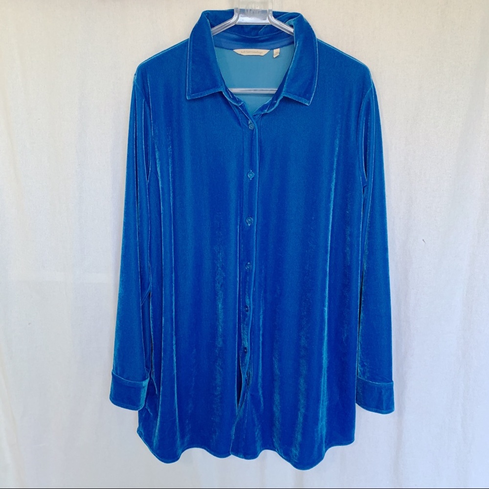 Soft Surroundings Velvet Button-Down Shirt Jacket in Bright Blue